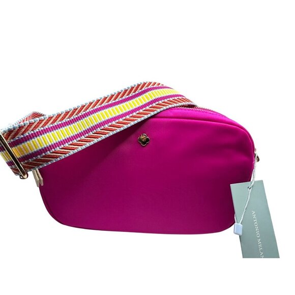 New Antonio Melani Fuchsia Crossbody Nylon Bag Multicolor Strap Gold Accents - Picture 2 of 9